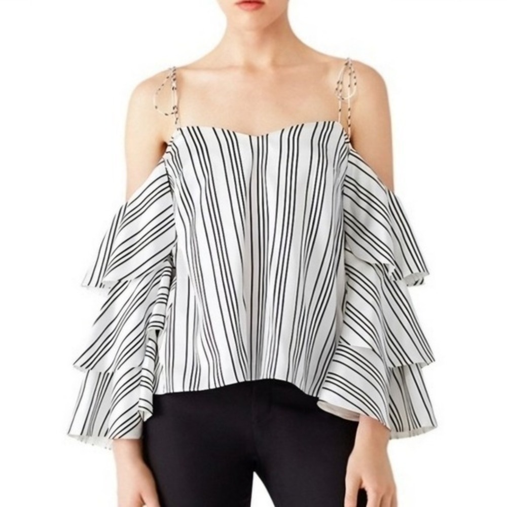 Amur Satin Black & White Striped Off-Shoulder Ruffle Sofie Long Sleeve Top- Sz 2